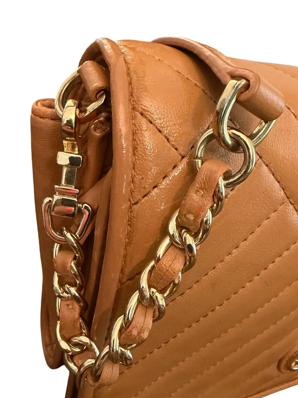 Tory Burch Alexa Crossbody Bag Quilted Chevron Tan Leather $428 Retail Gold Logo